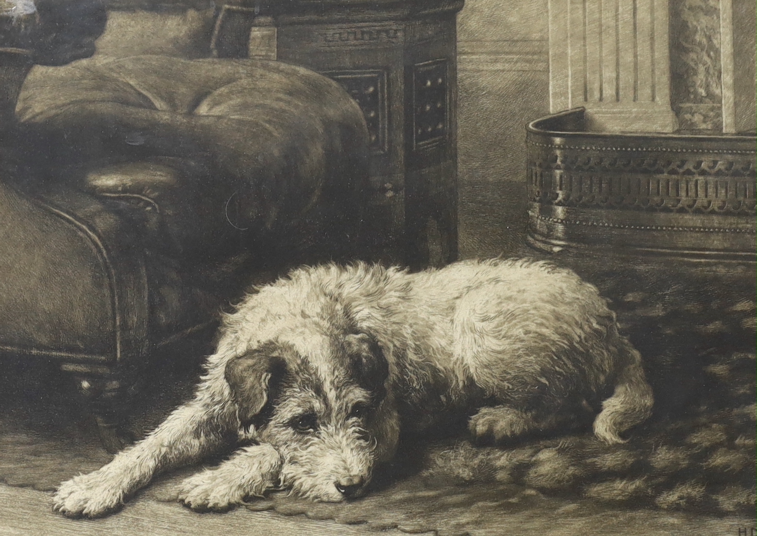 Herbert Dicksee (1862-1942), etching, Where’s Master (King Edward's favourite dog), signed in pencil, publ. 1911, exhibited in the Royal Academy 1911, in Royal Collection Trust in Sandringham House, 39 x 49cm